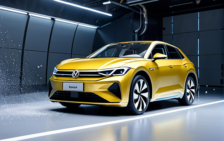 Aerodynamic Efficiency**

*   **Prompt:** A futuristic Volkswagen ID.4, 銀色のメタリック仕上げ, slicing through a wind tunnel, turbulent air visualized with shimmering particles, sleek lines emphasized, aerodynamic testing, 風洞実験, perfect lighting, 日産自動車, high detail, realistic, safe for work, appropriate content, fully clothed, professional.

**
