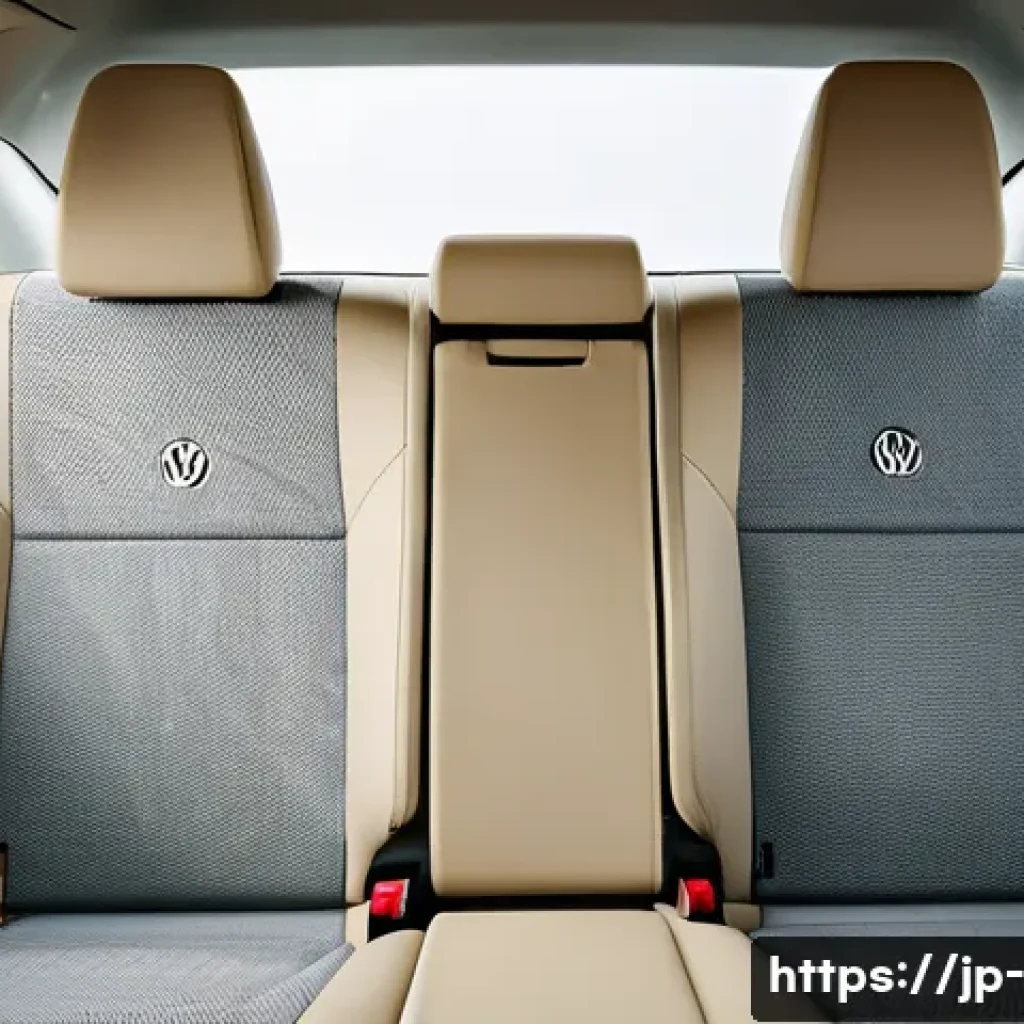 폭스바겐 파사트의 내부 공간 리뷰 - Interior view of a spacious Volkswagen Passat cabin focusing on the rear seats, showing an adult mal...