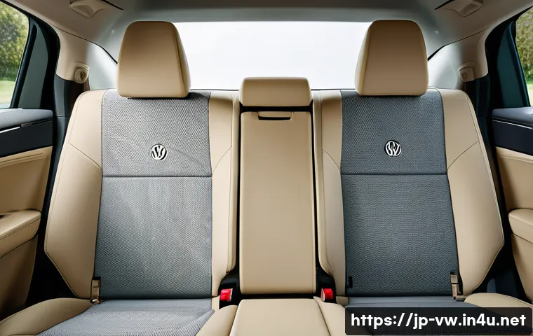 폭스바겐 파사트의 내부 공간 리뷰 - Interior view of a spacious Volkswagen Passat cabin focusing on the rear seats, showing an adult mal...