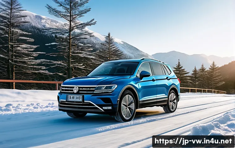 폭스바겐 티구안의 중고차 가치 평가 - A sleek Volkswagen Tiguan SUV parked on a snowy mountain road in northern Japan, showcasing the 4WD ...