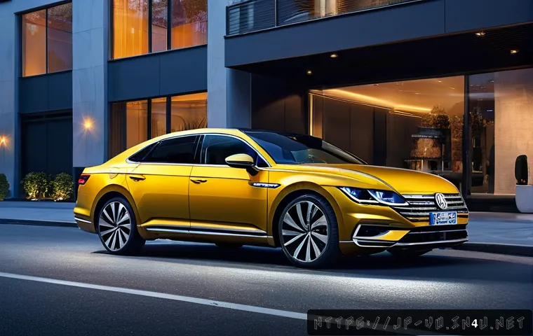 폭스바겐 아테온과 BMW 3시리즈 비교 - A sophisticated Volkswagen Arteon parked on a modern city street at dusk, showcasing its elegant and...