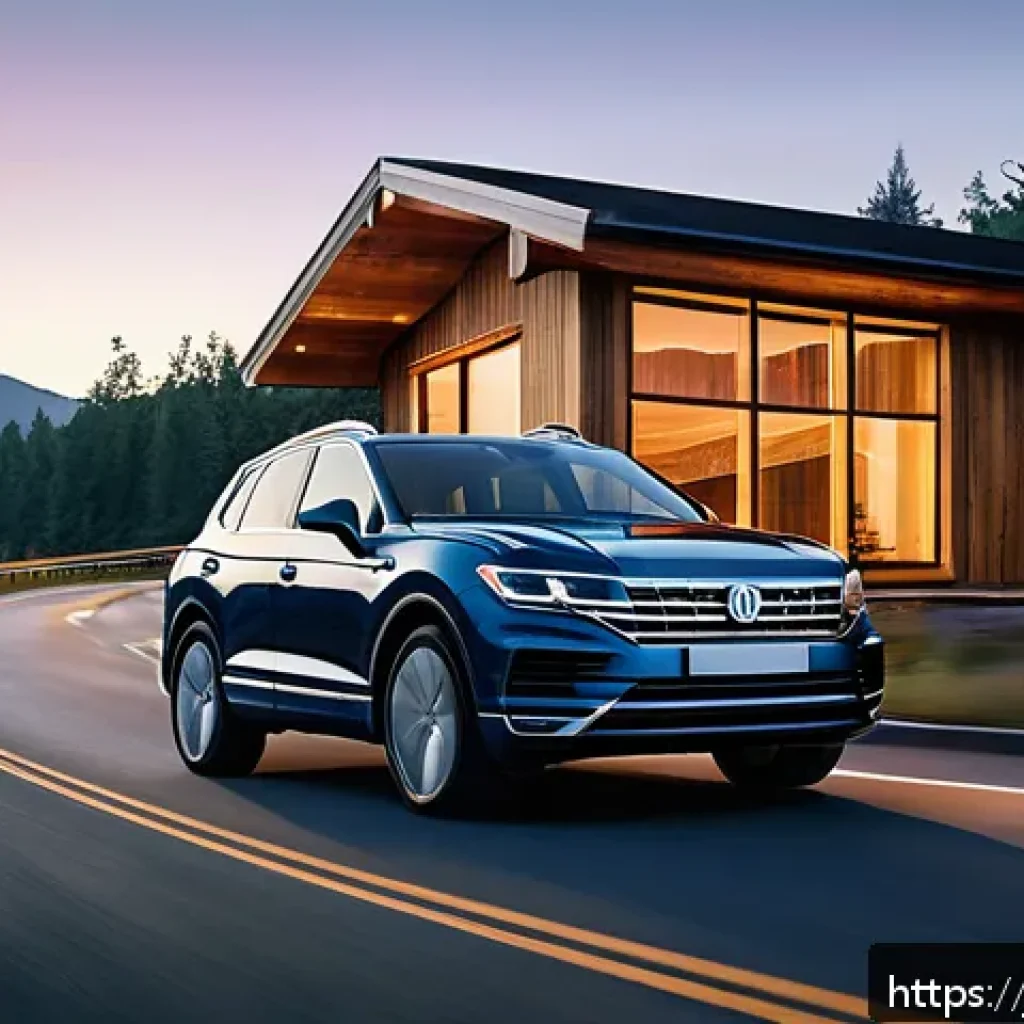 폭스바겐 투아렉과 BMW X5 비교 - A sleek, modern Volkswagen Touareg SUV driving smoothly on a long highway at sunset, emphasizing its...