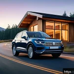 폭스바겐 투아렉과 BMW X5 비교 - A sleek, modern Volkswagen Touareg SUV driving smoothly on a long highway at sunset, emphasizing its...
