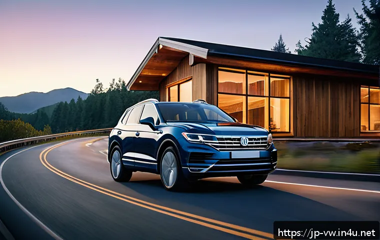 폭스바겐 투아렉과 BMW X5 비교 - A sleek, modern Volkswagen Touareg SUV driving smoothly on a long highway at sunset, emphasizing its...