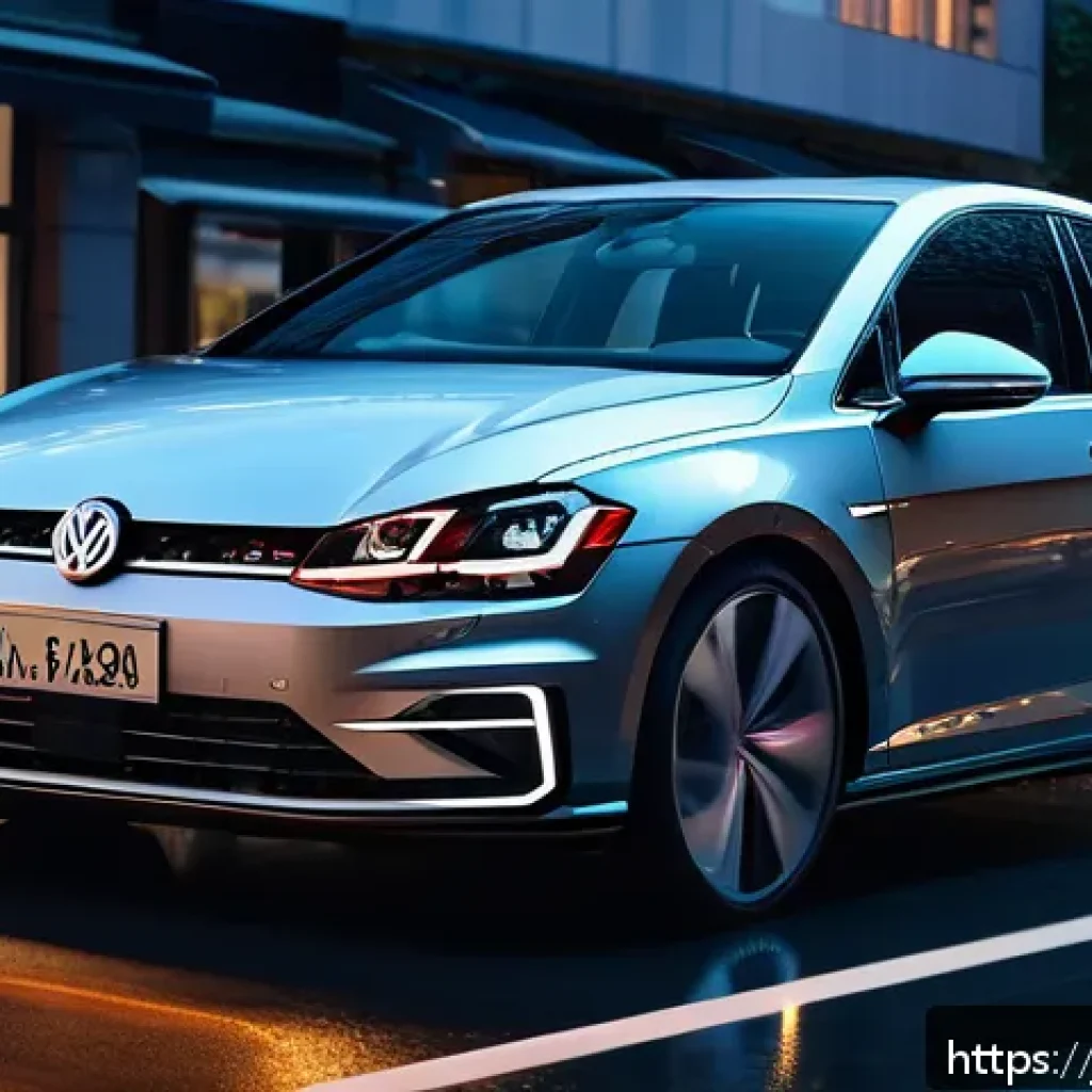 폭스바겐 골프의 최신 디자인 리뷰 - A futuristic Volkswagen Golf front exterior shot at dusk, showcasing an ultra-wide, sharp-edged fron...
