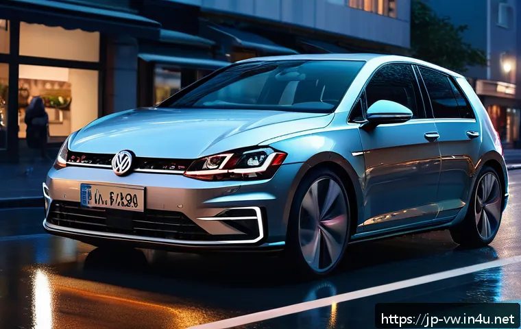 폭스바겐 골프의 최신 디자인 리뷰 - A futuristic Volkswagen Golf front exterior shot at dusk, showcasing an ultra-wide, sharp-edged fron...