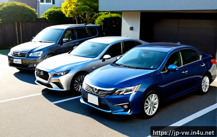 폭스바겐 제타와 쉐보레 말리부 비교 - Photorealistic side-by-side comparison of two modern midsize sedans parked in a clean Japanese urban...